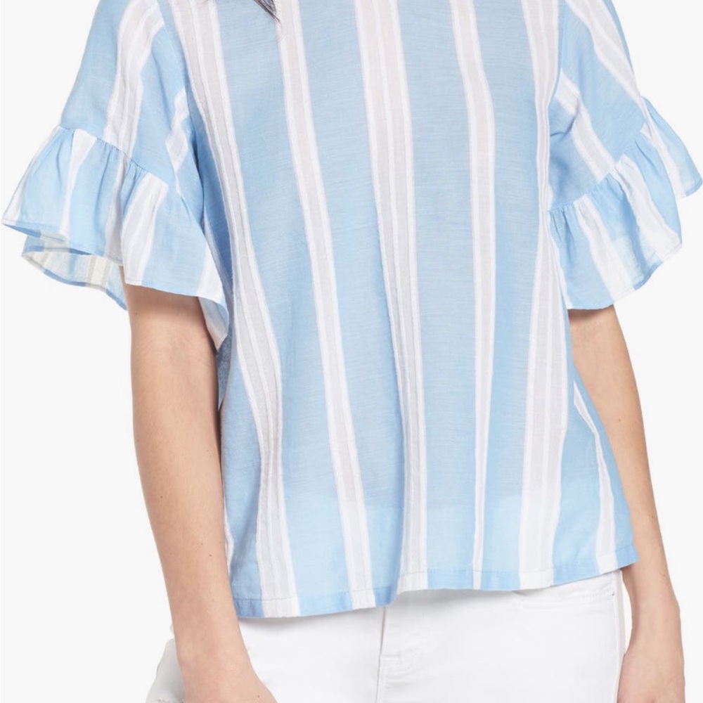 Blue Striped Ruffle Sleeve Top